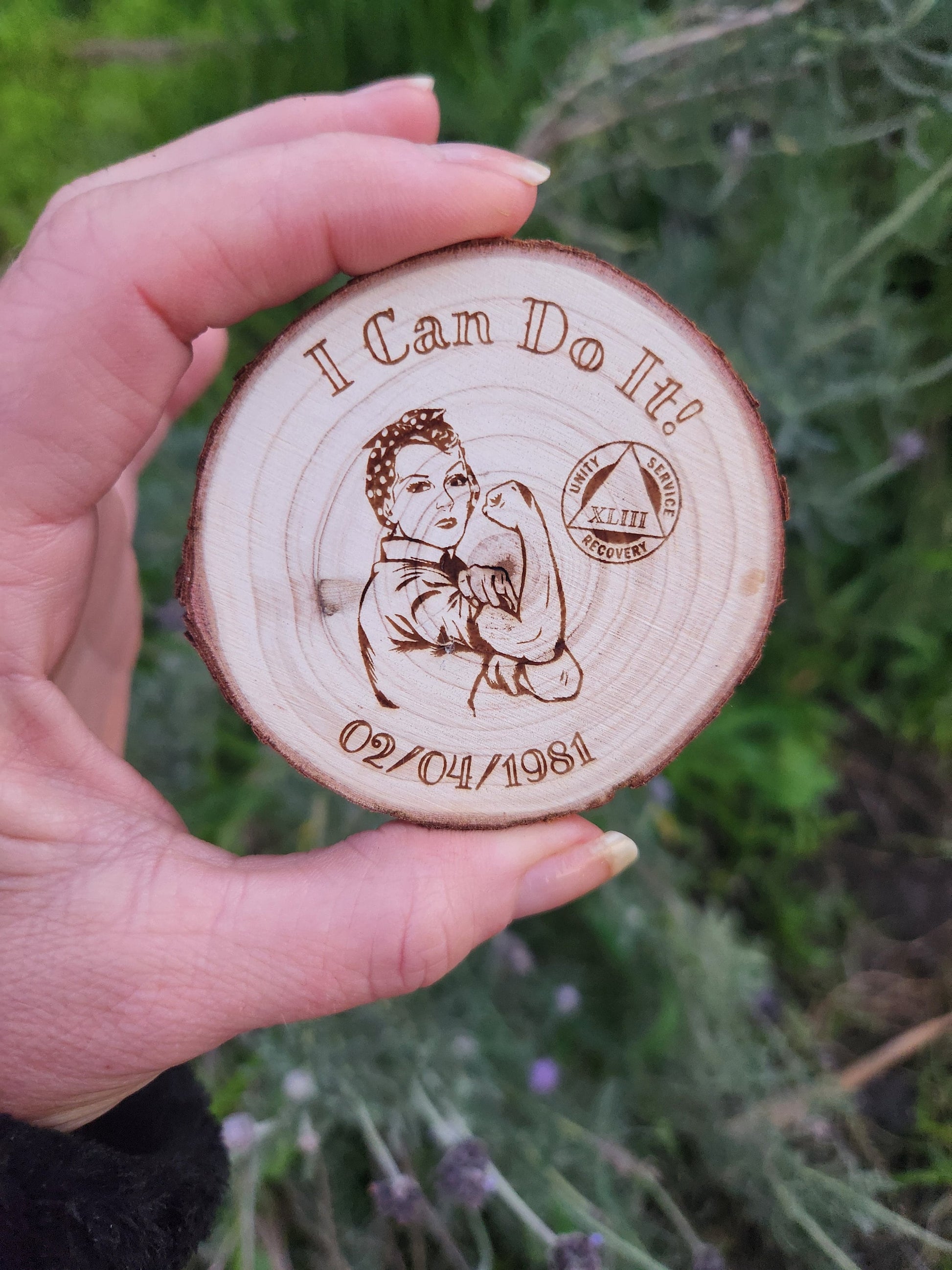 Rosie the Riveter I Can Do It recovery chip back with serenity prayer