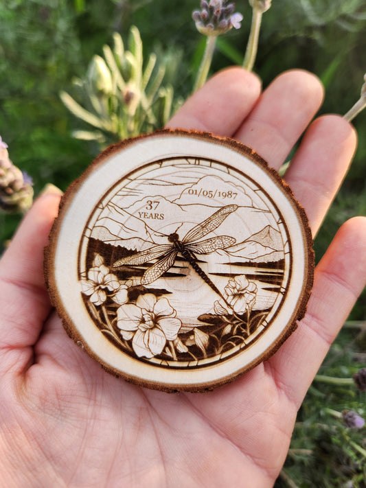Clean and Free Dragonfly - Engraved Wood Slice Front Design