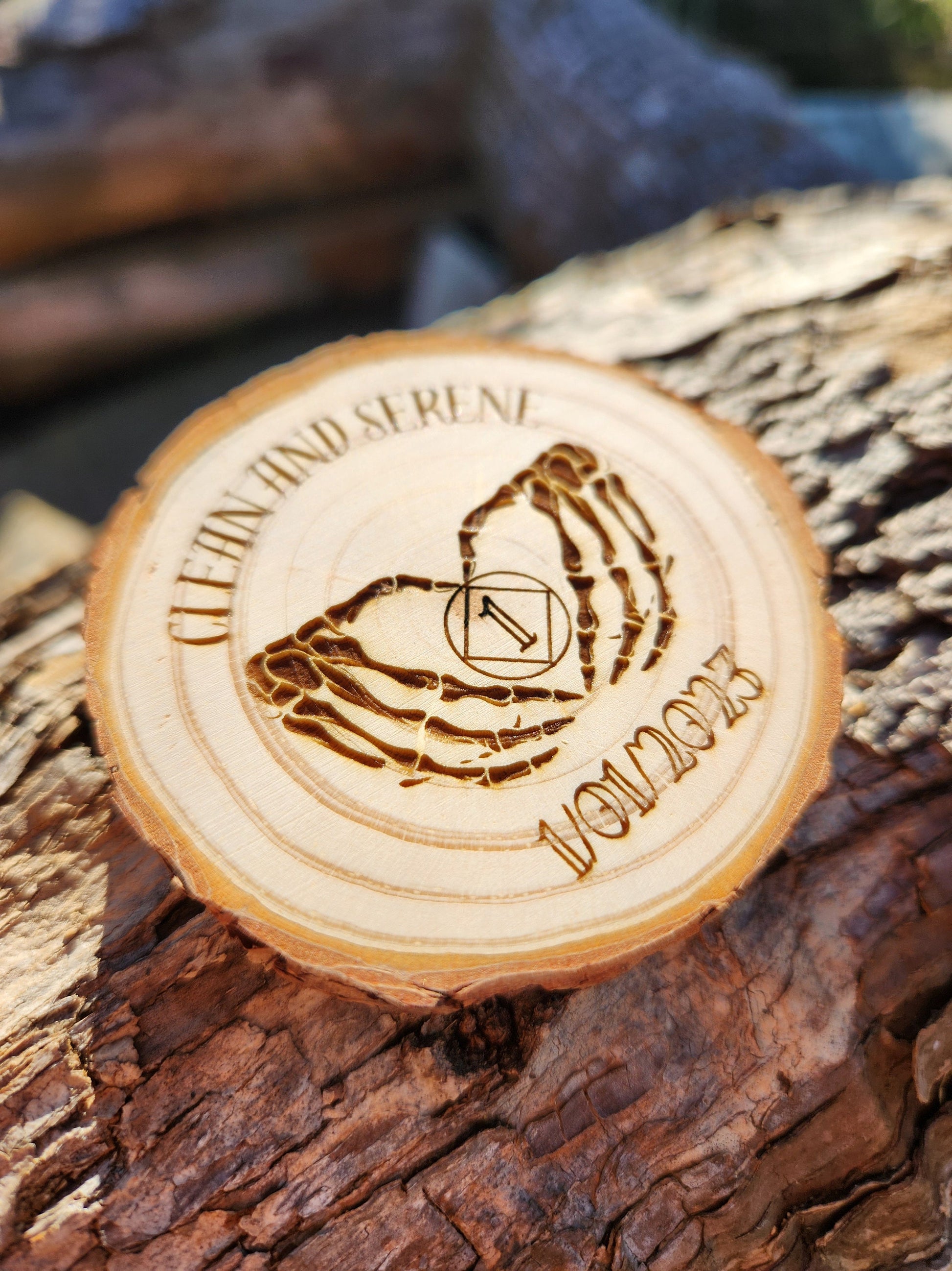 Skeleton Hand Heart and Serene NA personalized AA sobriety medallion front view