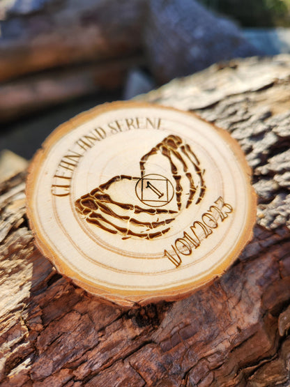 Skeleton Hand Heart and Serene NA personalized AA sobriety medallion front view