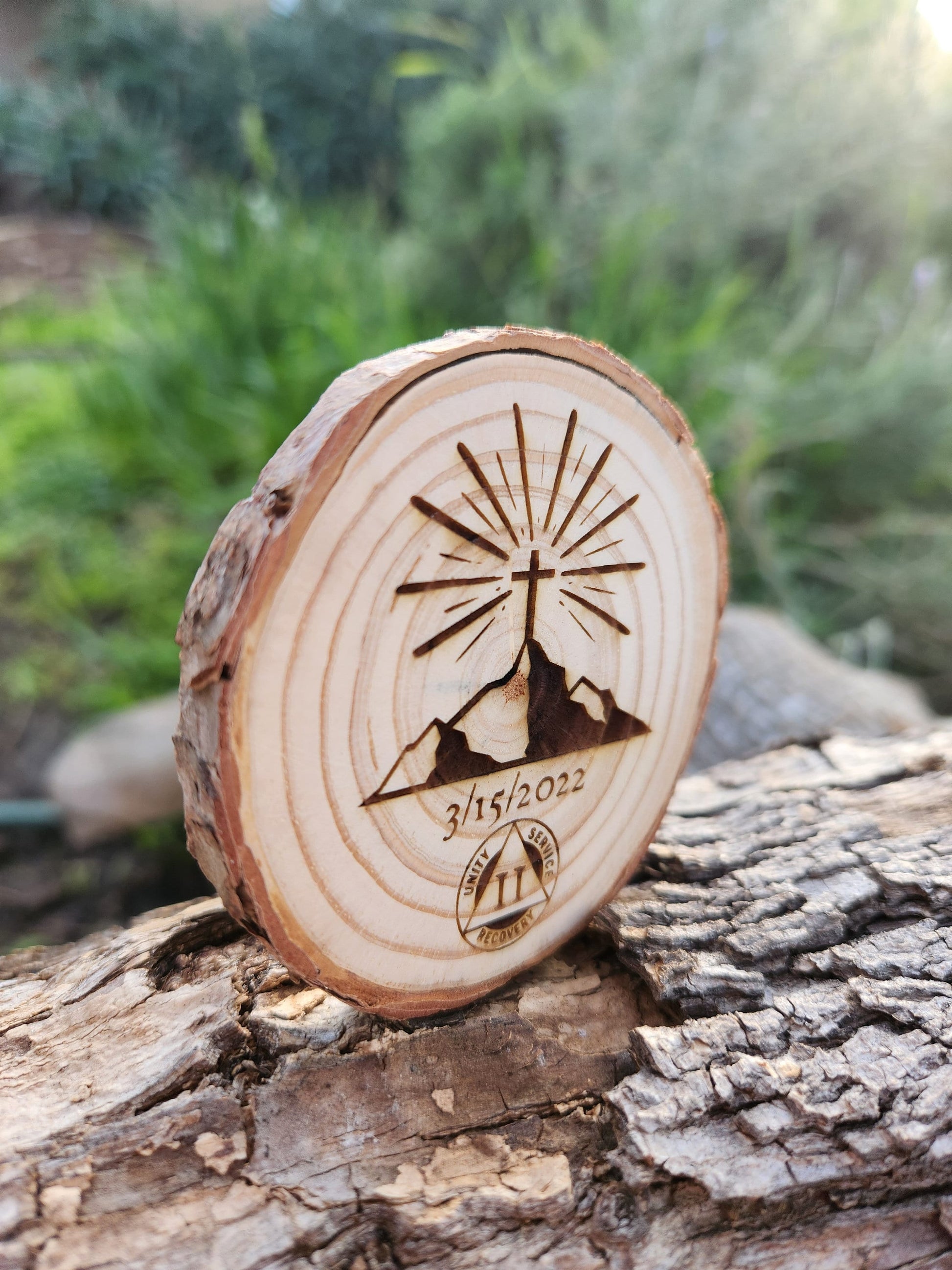Faith on a Mountaintop personalized AA sobriety medallion front view