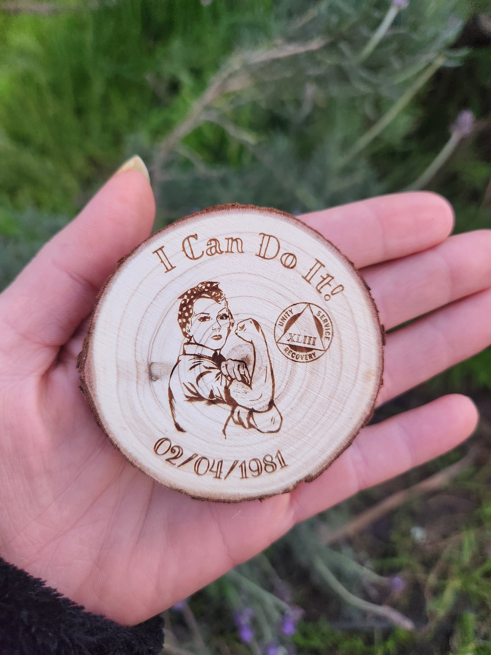 Rosie the Riveter I Can Do It personalized AA sobriety medallion front view