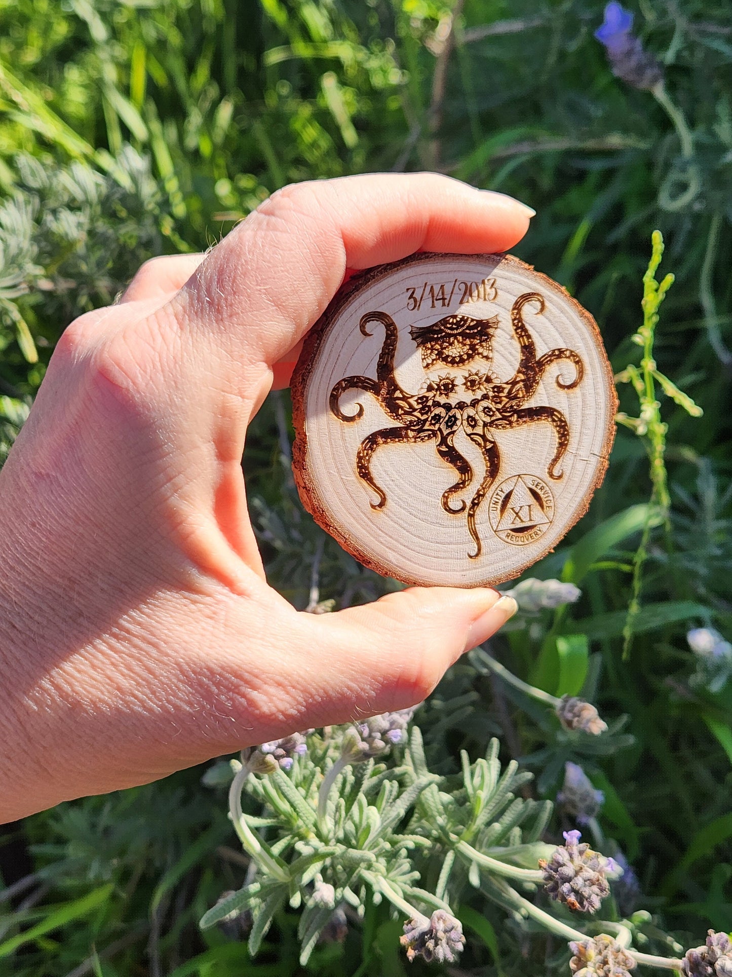 Octopus of Acceptance wood medallion natural grain detail