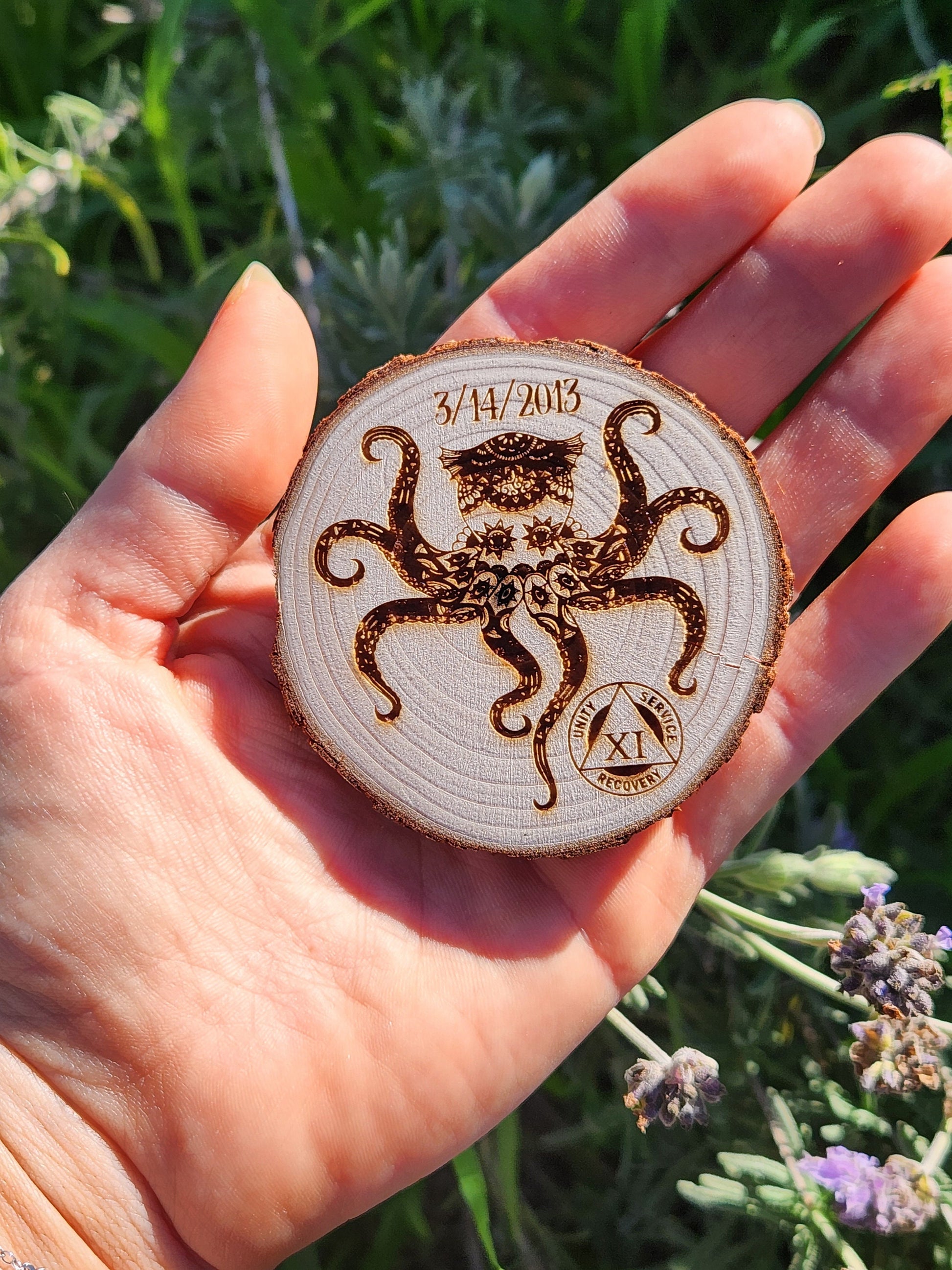 Octopus of Acceptance recovery chip back with serenity prayer