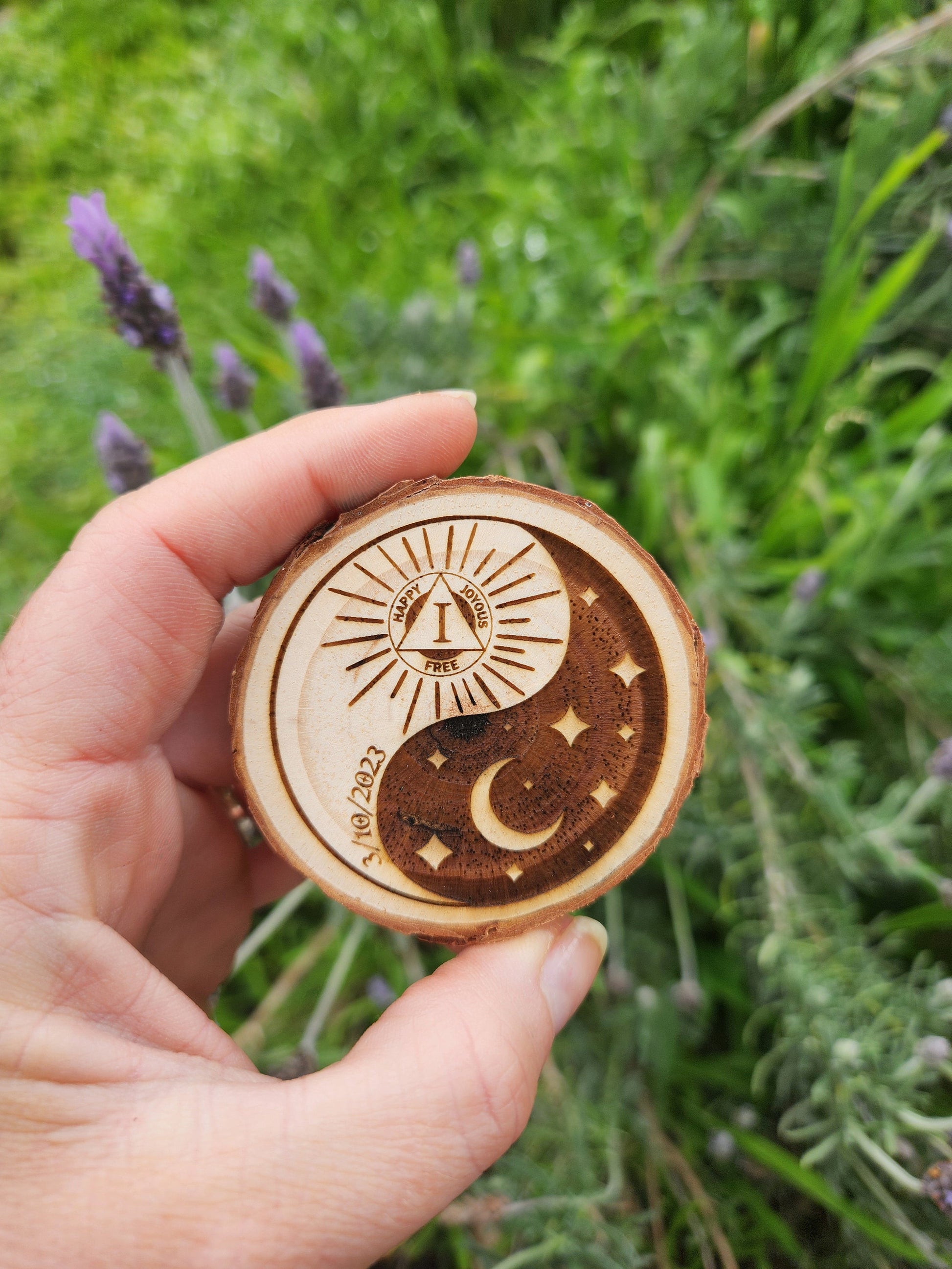 Celestial Balance Sun Moon Stars wood medallion natural grain detail