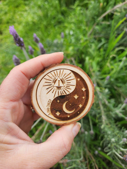 Celestial Balance Sun Moon Stars wood medallion natural grain detail