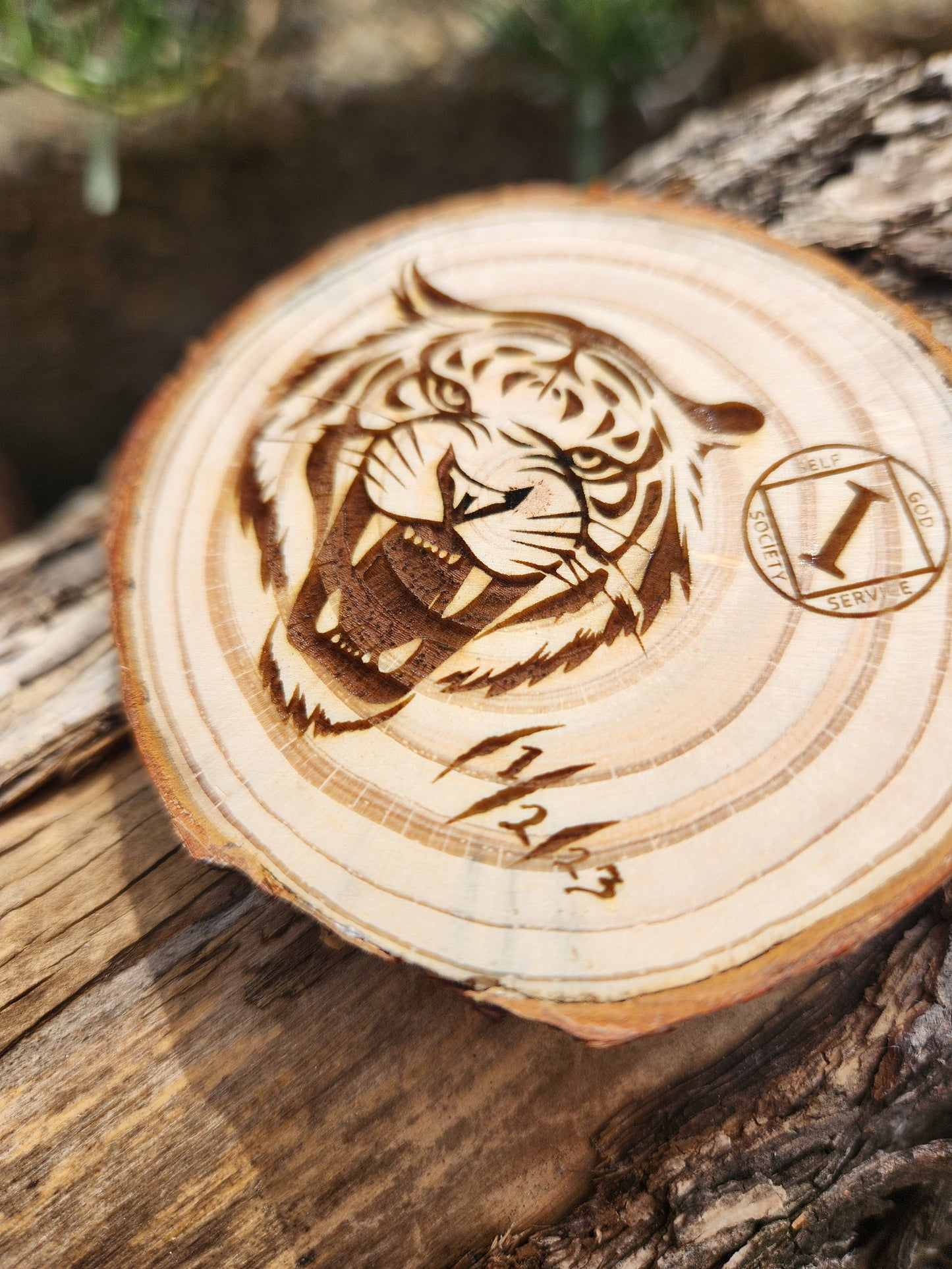 Fierce Tiger personalized AA sobriety medallion front view