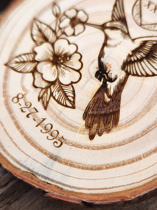 Hummingbird of Humility *Personalized* Clean Birthday - Engraved Wood Slice Front Design