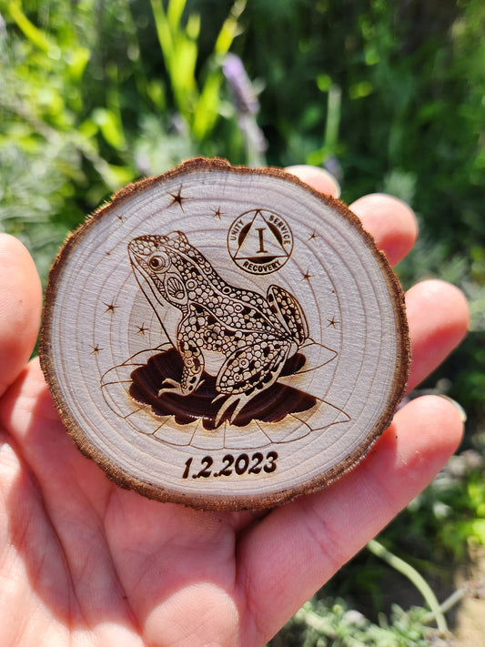 Serenity Frog - Engraved Wood Slice Front Design