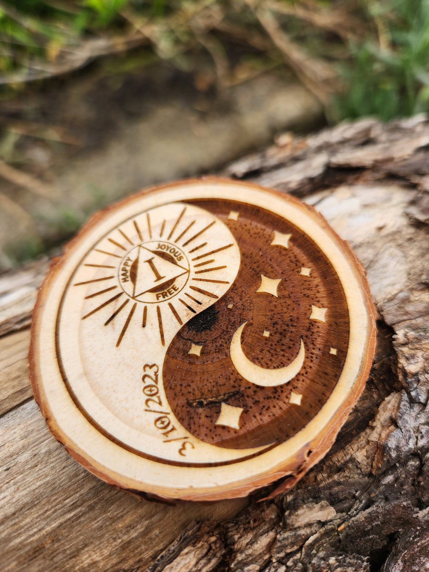 Celestial Balance Sun Moon Stars personalized AA sobriety medallion front view