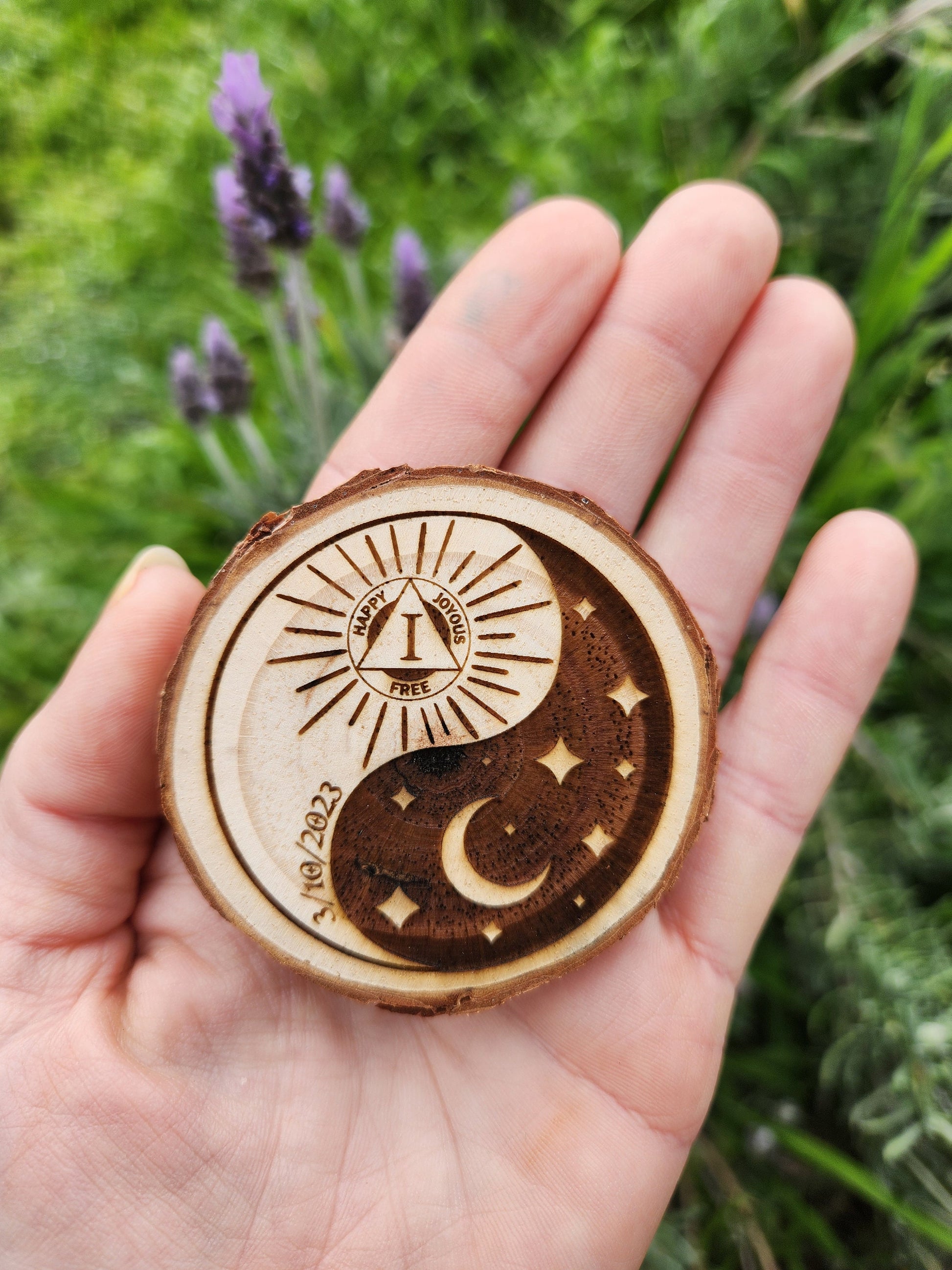 Celestial Balance Sun Moon Stars recovery chip back with serenity prayer