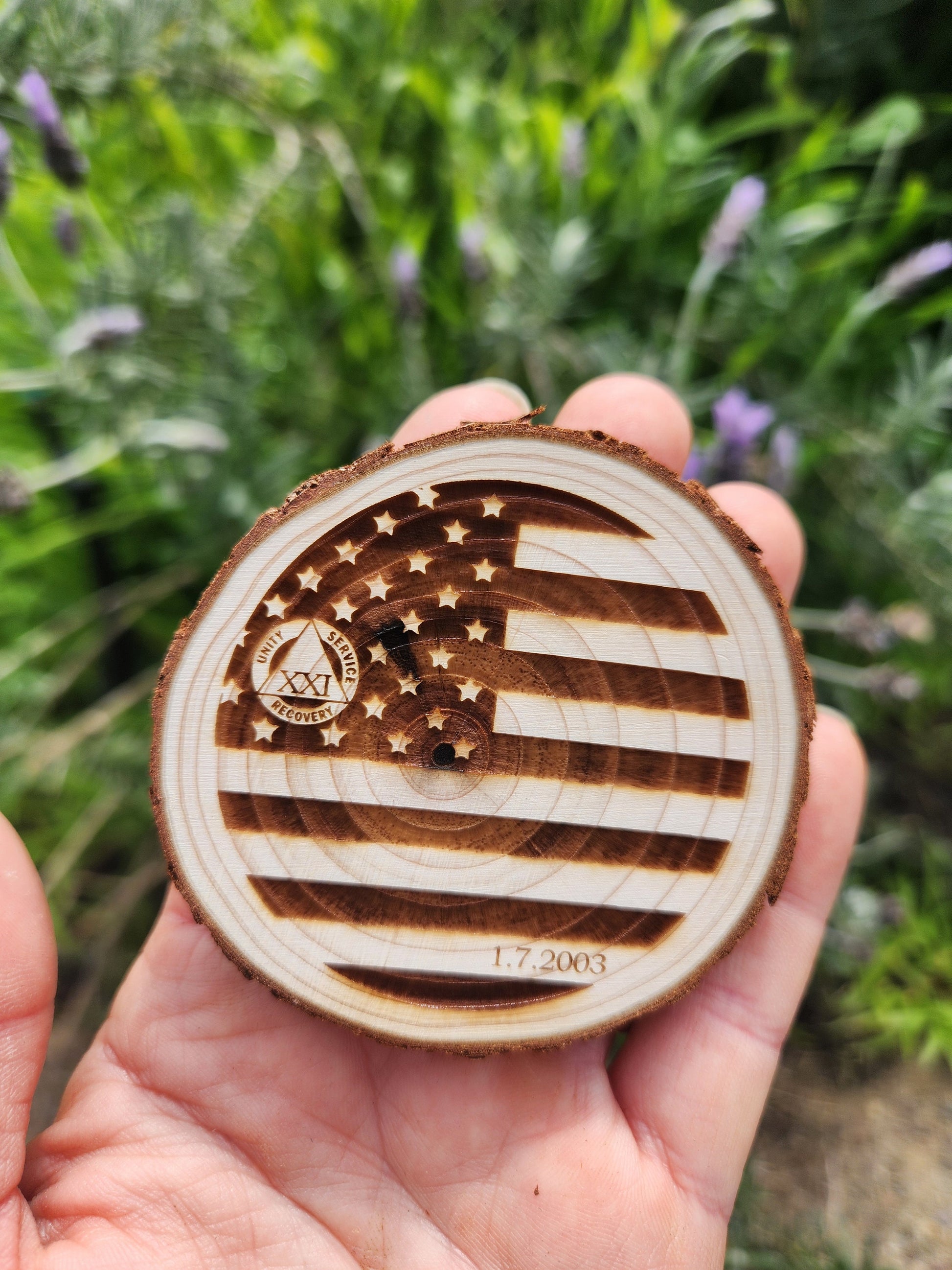 Stars & Stripes for recovery chip back with serenity prayer