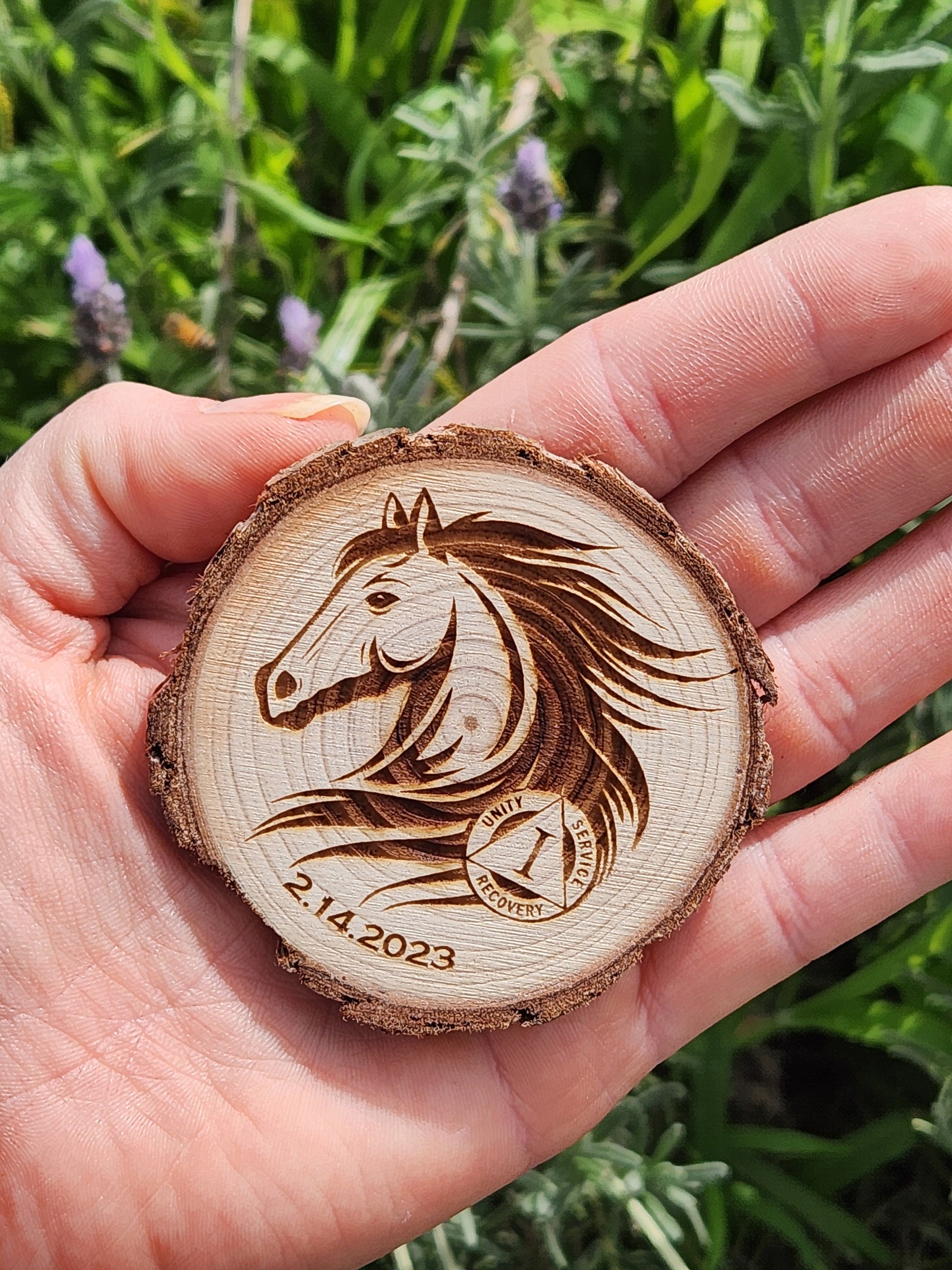 Wild and Free Stallion Horse personalized AA sobriety medallion front view