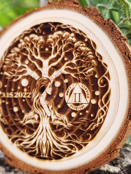 Flowing Moon Goddess Tree of Life Milestone Personalized Clean Birthday Medallion Engraved Achievement Tag Token Token Custom Gift for Her - Engraved Wood Slice Front Design