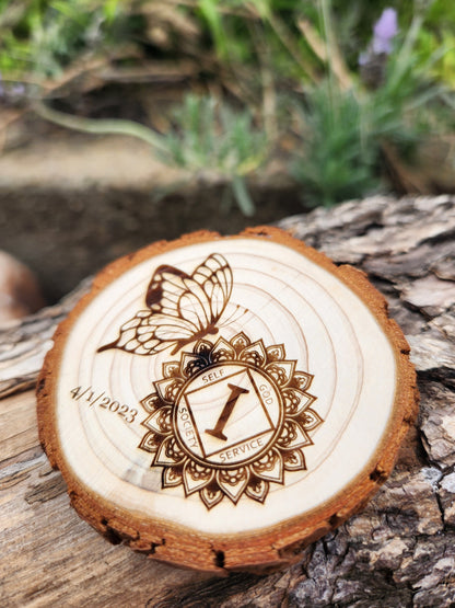 Butterfly Lotus Mandala personalized AA sobriety medallion front view