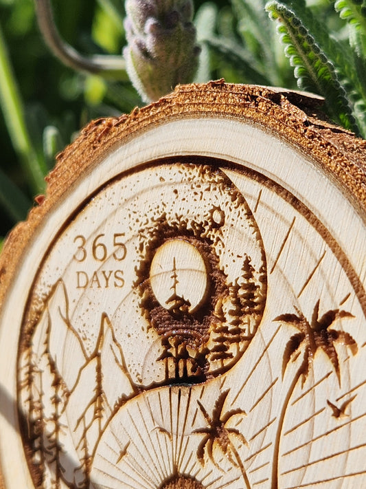 Mountains & Ocean Yin Yang - Engraved Wood Slice Front Design
