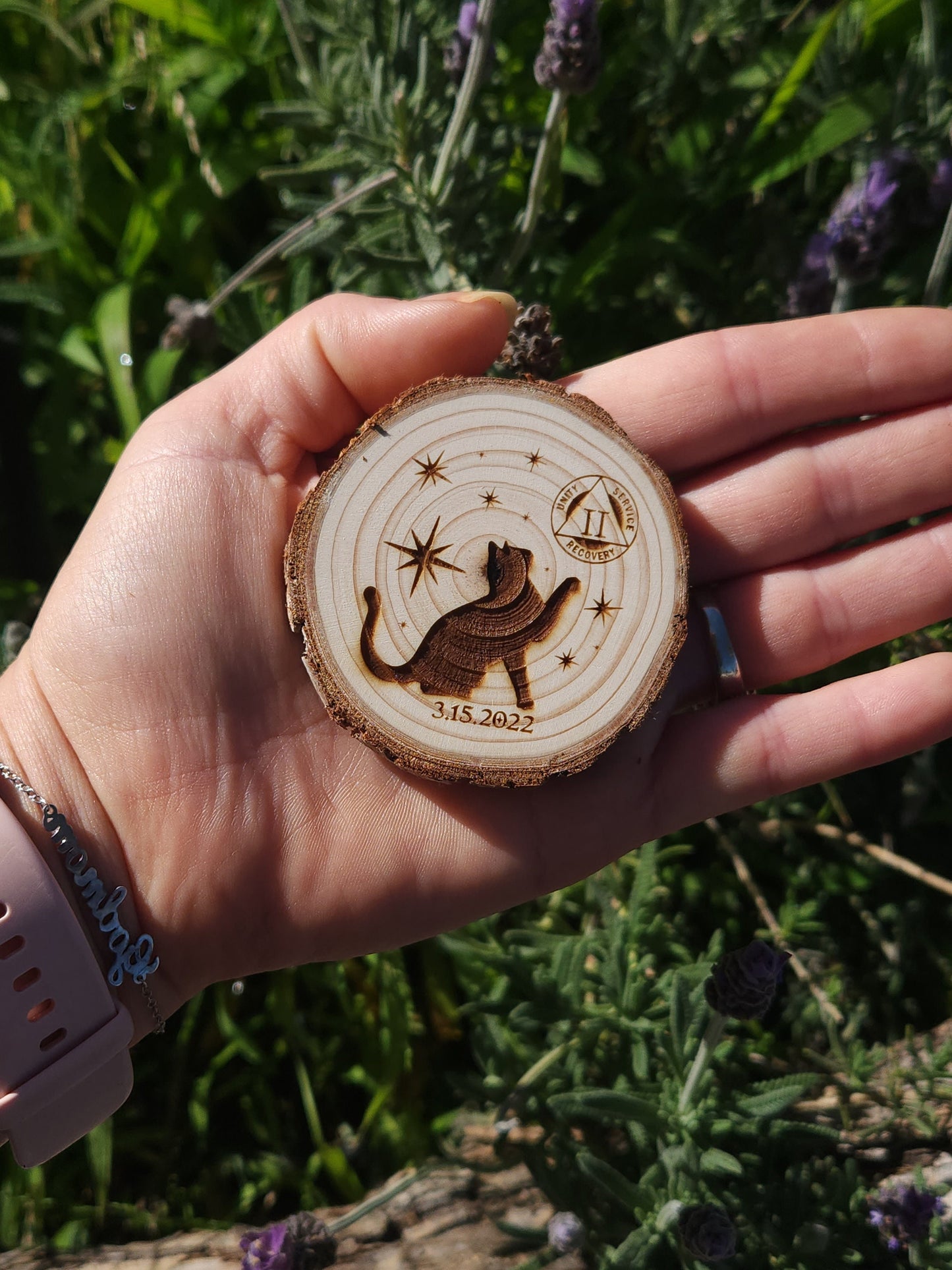 Celestial Cat Sobriety Sober Birthday recovery chip back with serenity prayer