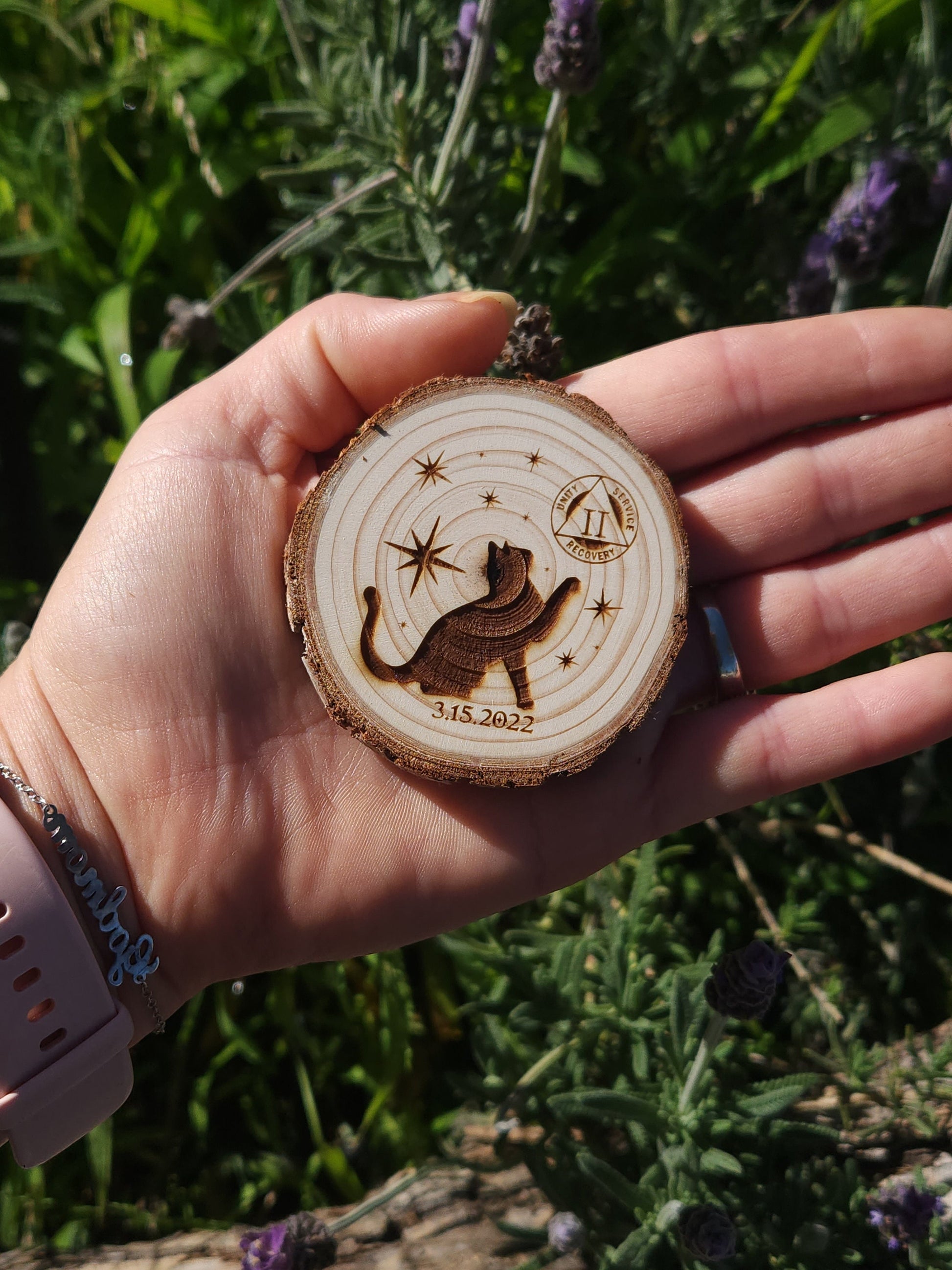 Celestial Cat Sobriety Sober Birthday recovery chip back with serenity prayer