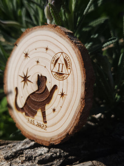 Celestial Cat Sobriety Sober Birthday personalized AA sobriety medallion front view