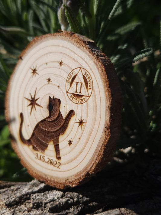 Celestial Cat MilestonePersonalized Clean Birthday Medallion Engraved Achievement Tag Token Token Custom Gift for Her Him Wellness Cat Lover - Engraved Wood Slice Front Design