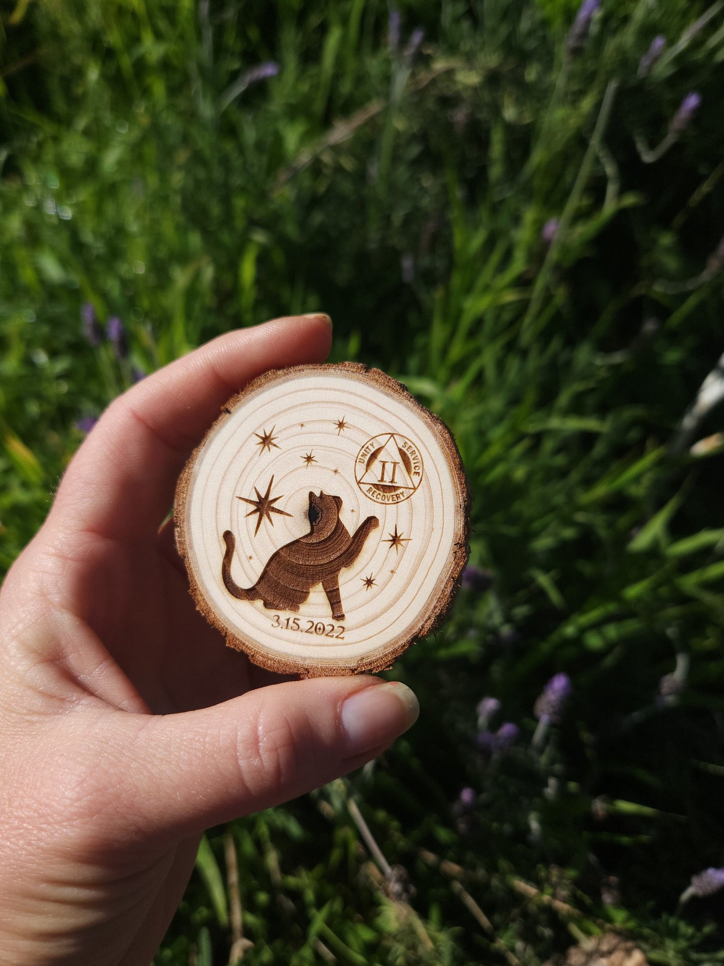Celestial Cat Sobriety Sober Birthday wood medallion natural grain detail
