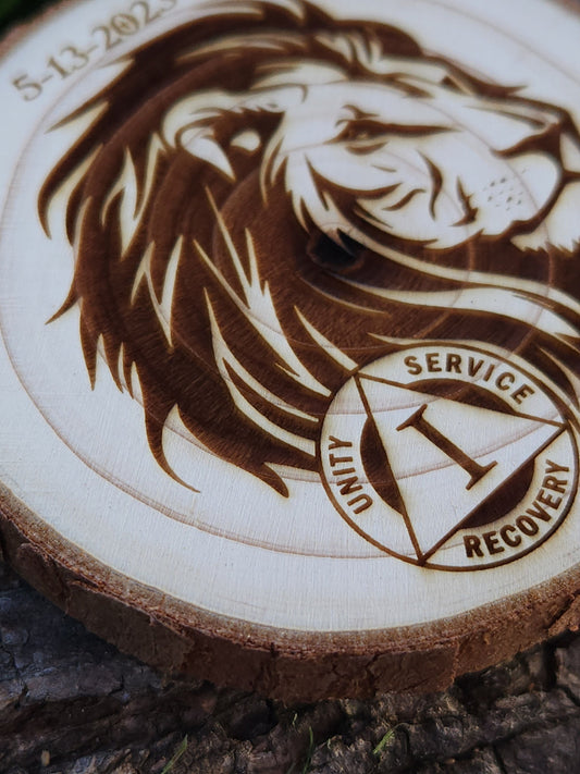 Lion of Courage - Engraved Wood Slice Front Design