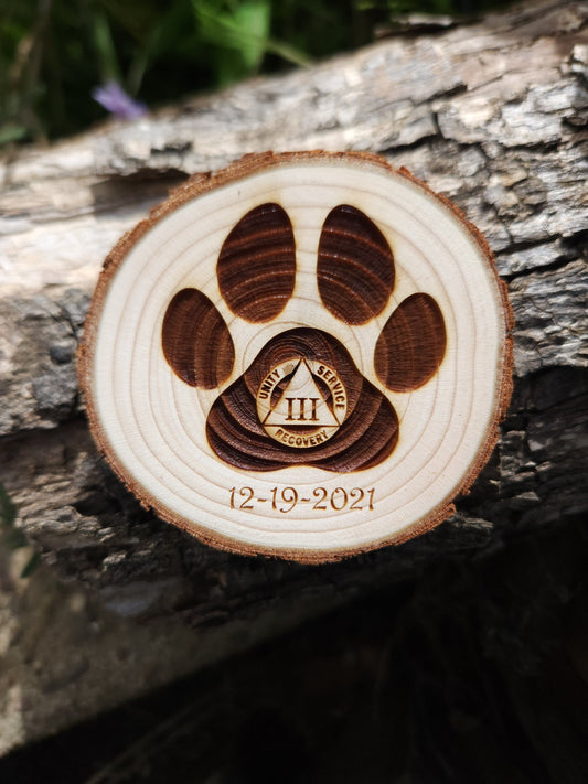 Power of Paws Sobriety Sober personalized AA sobriety medallion front view