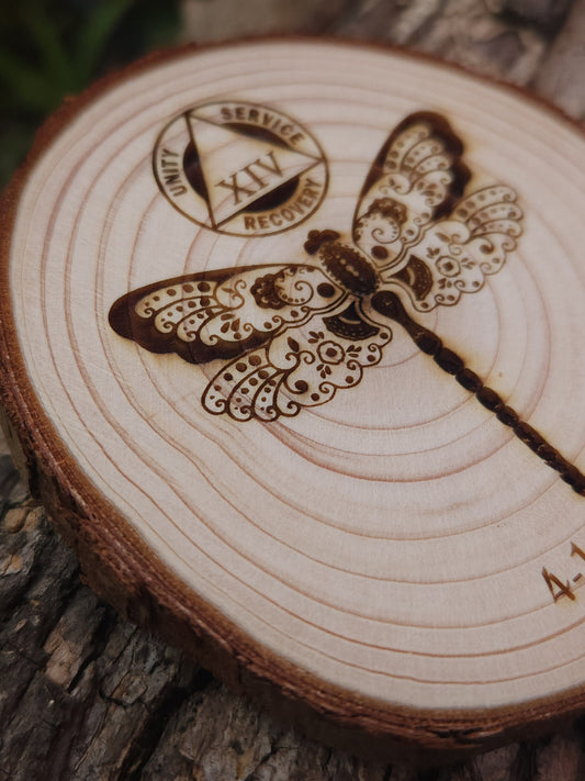 Dragonfly of Protection - Engraved Wood Slice Front Design