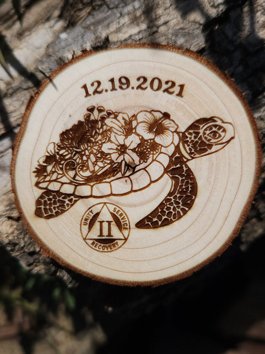 Happy Turtle - Engraved Wood Slice Front Design