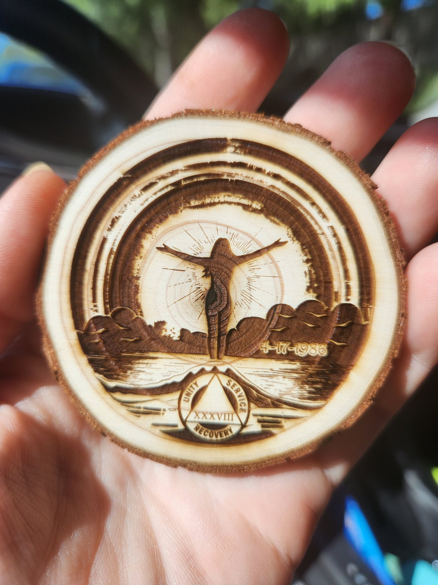 In the Sunlight at Last Rainbow Sunset wood medallion natural grain detail