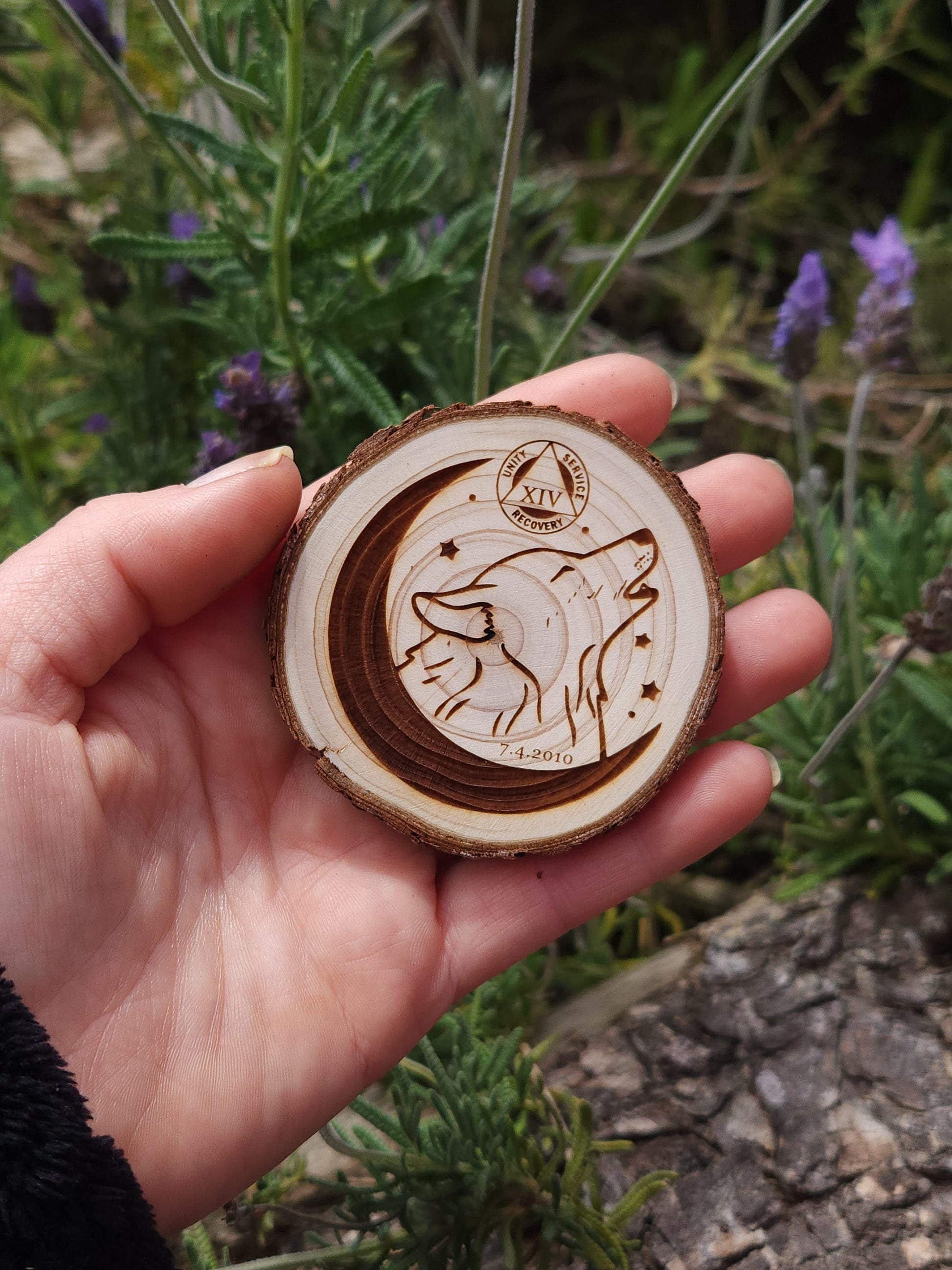 Howling for the Moon wood medallion natural grain detail