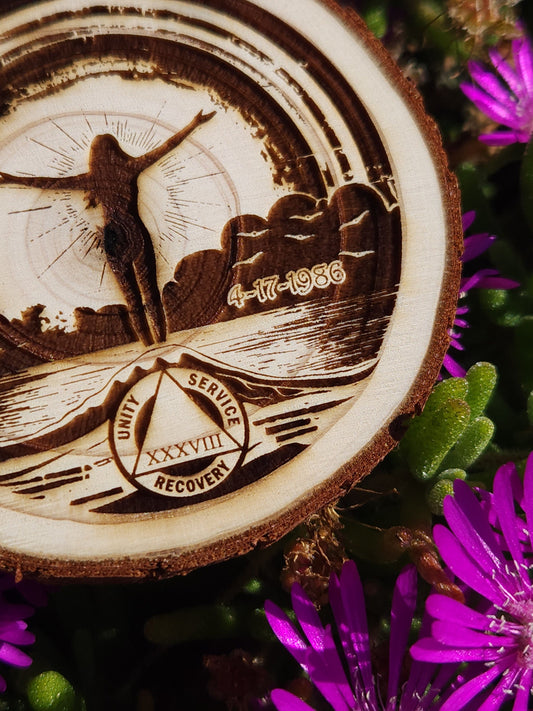 In the Sunlight at Last Rainbow Sunset Personalized Clean Achievement Medallion Engraved Token Tag Custom Gift for Her Him w/FREE stand! - Engraved Wood Slice Front Design