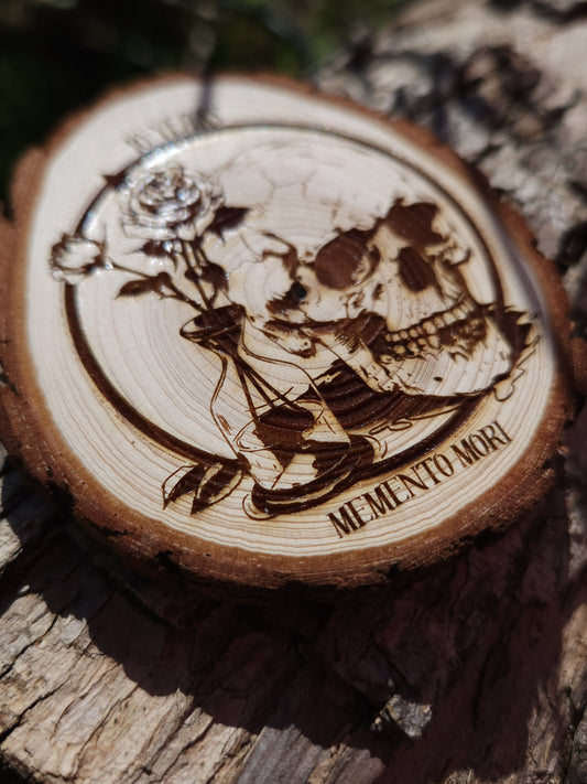 Memento Mori Skull - Engraved Wood Slice Front Design