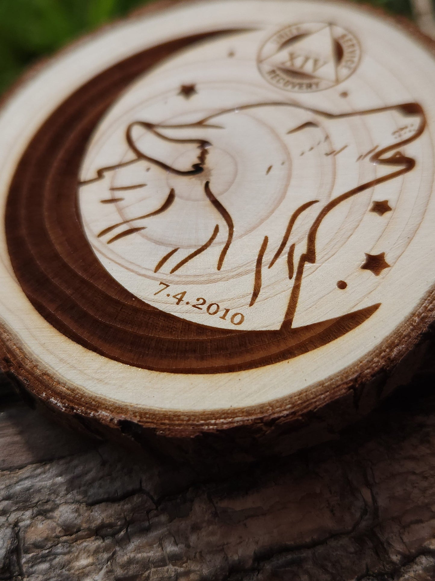 Howling for the Moon personalized AA sobriety medallion front view