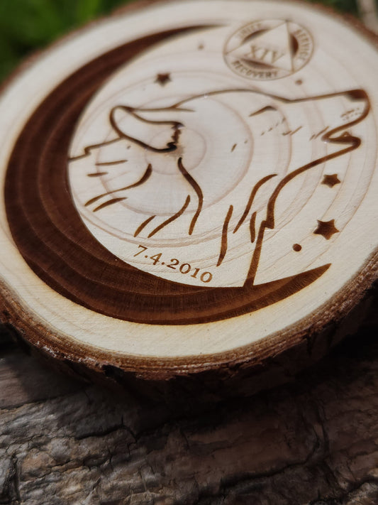 Howling for the Moon personalized AA sobriety medallion front view