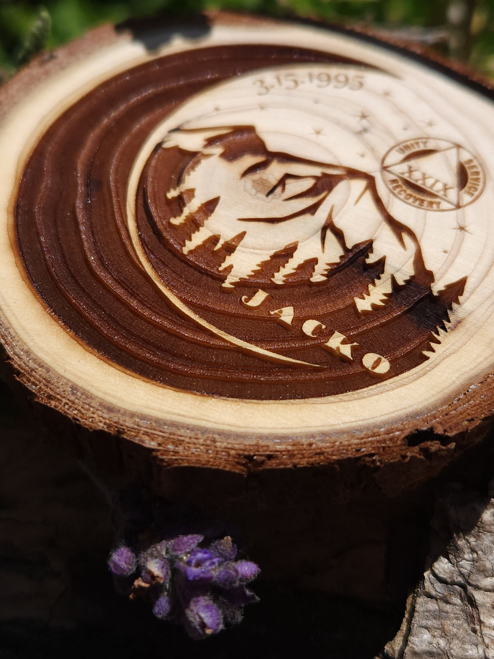 Mountain Moon personalized AA sobriety medallion front view