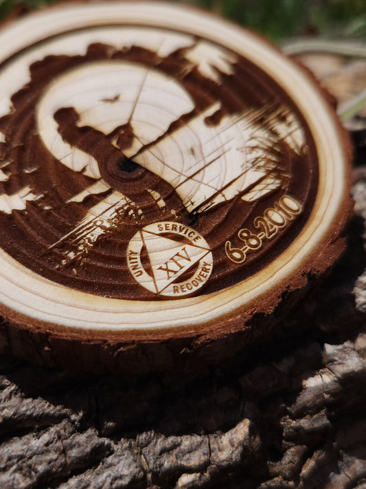 She's Gone Fishin' personalized AA sobriety medallion front view