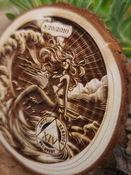 Mermaid of Strength - Engraved Wood Slice Front Design