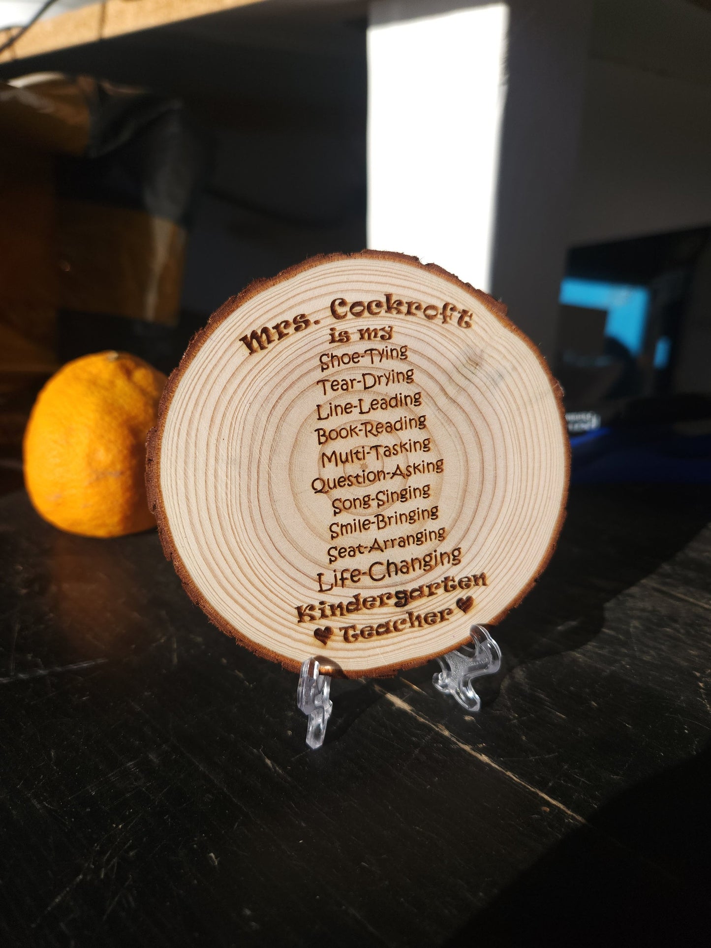 Personalized Teacher Gift for Any Grade Custom Made for Her Him Display w/FREE Stand - Custom Wood Token Close-Up View