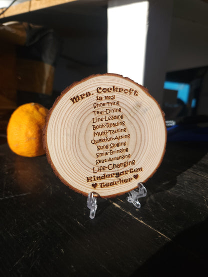 Personalized Teacher Gift for Any Grade Custom Made for Her Him Display w/FREE Stand - Custom Wood Token Close-Up View