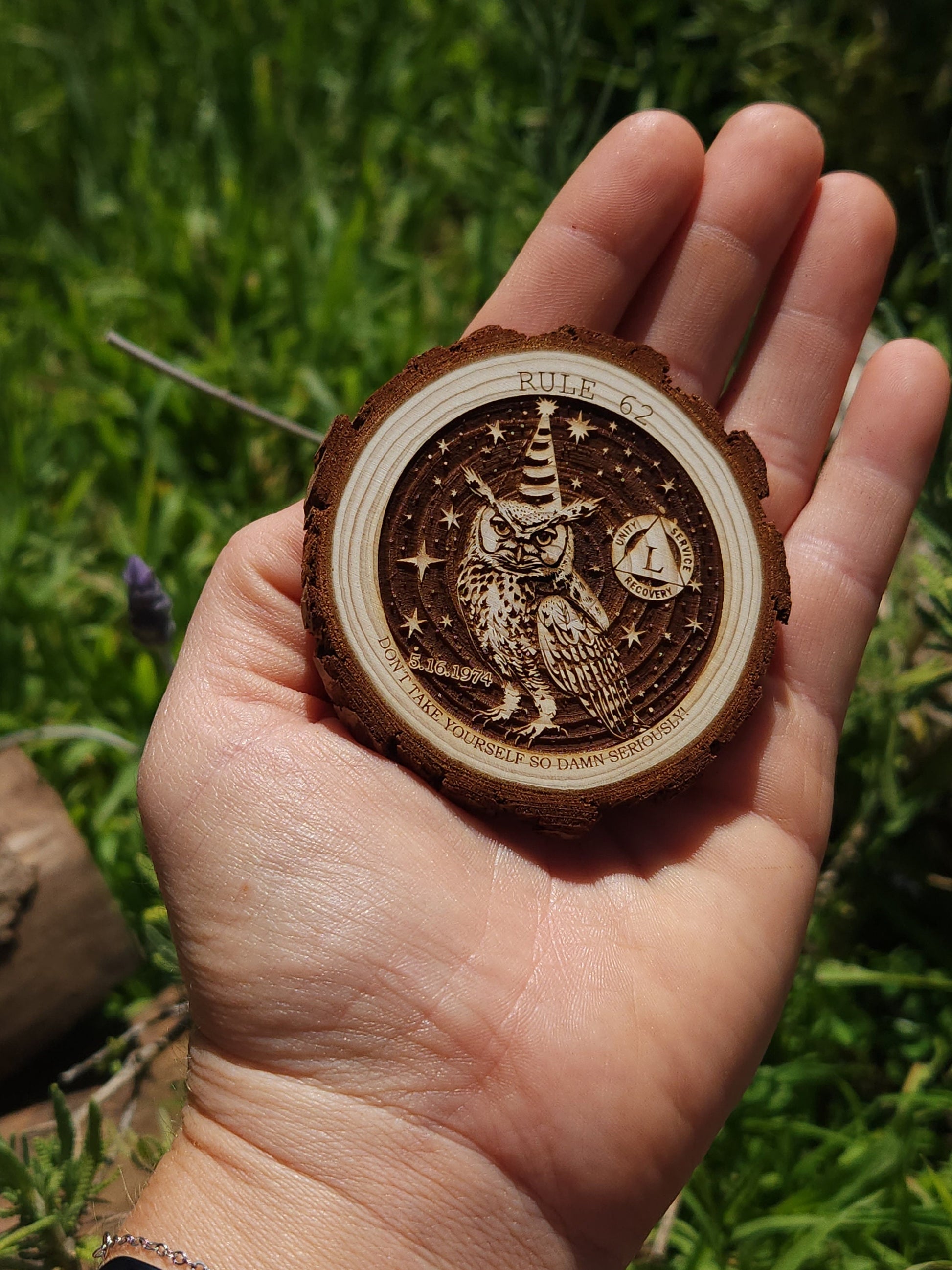 Rule 62 Party Owl wood medallion natural grain detail