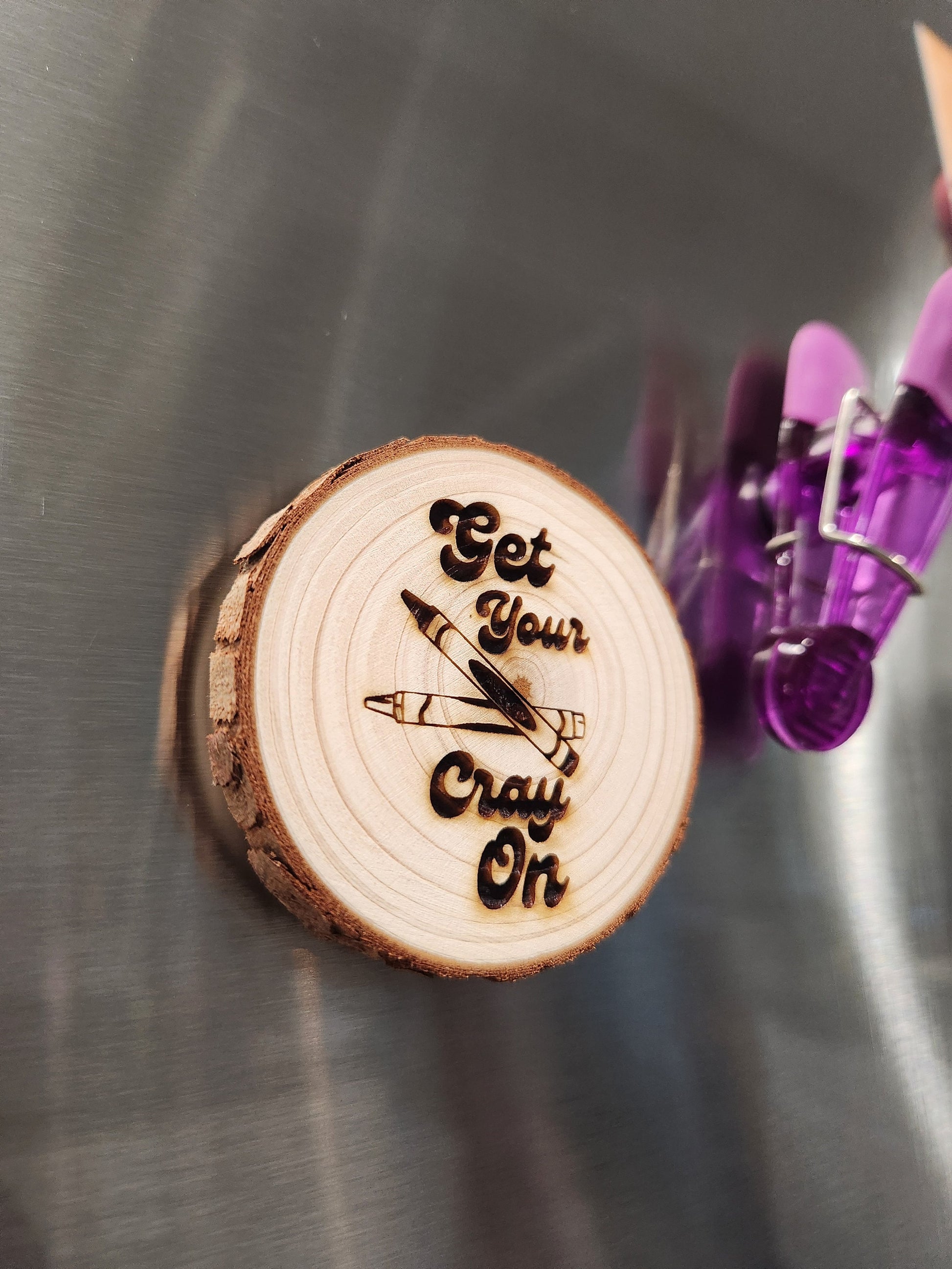 Teacher Gift Get Your Cray On" Funny School Staff Appreciation Engraved Gift for Her Him w/FREE stand or magnet!" - Personalized Milestone Medallion Detail