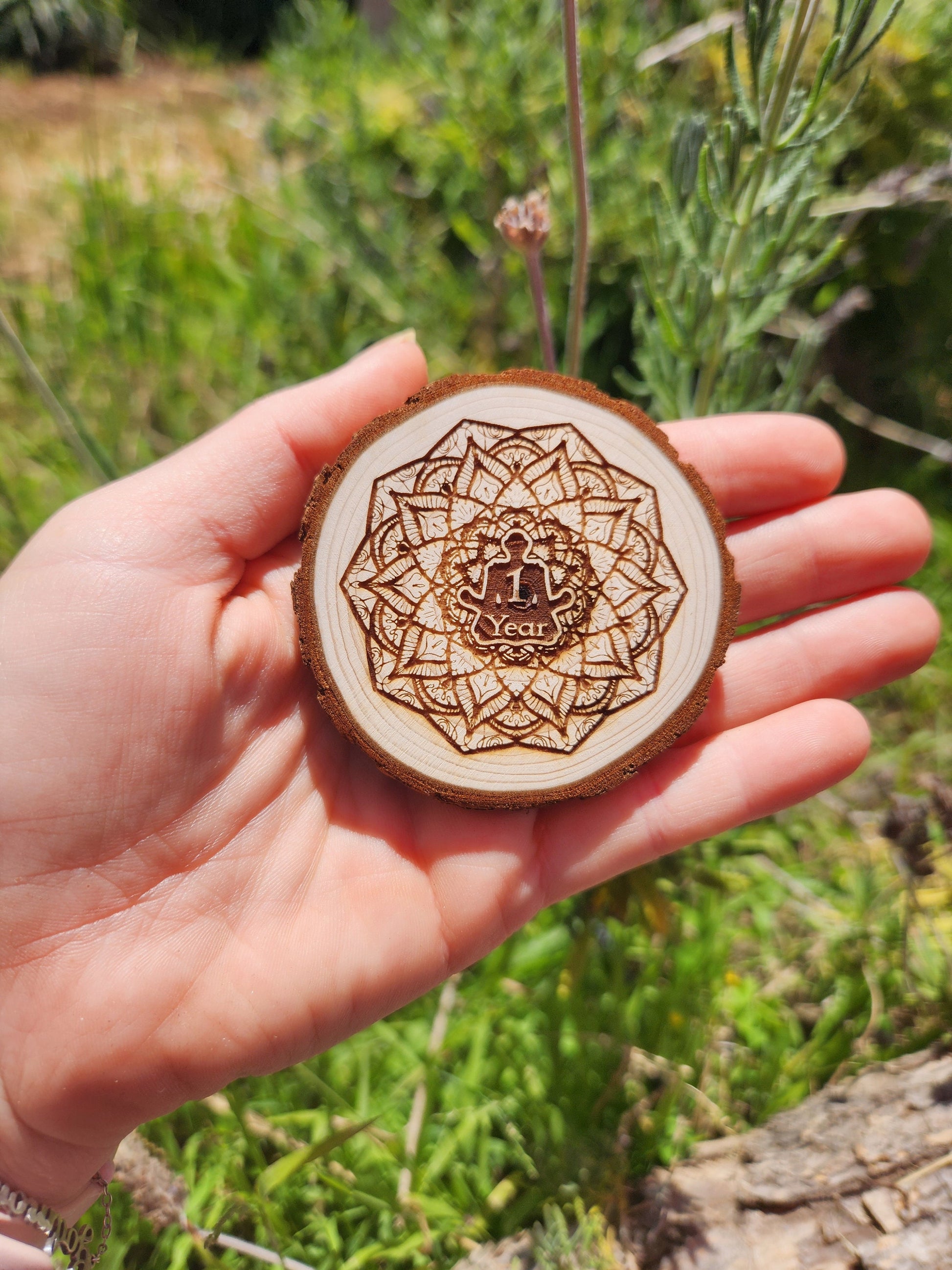 Meditation Mandala recovery chip back with serenity prayer