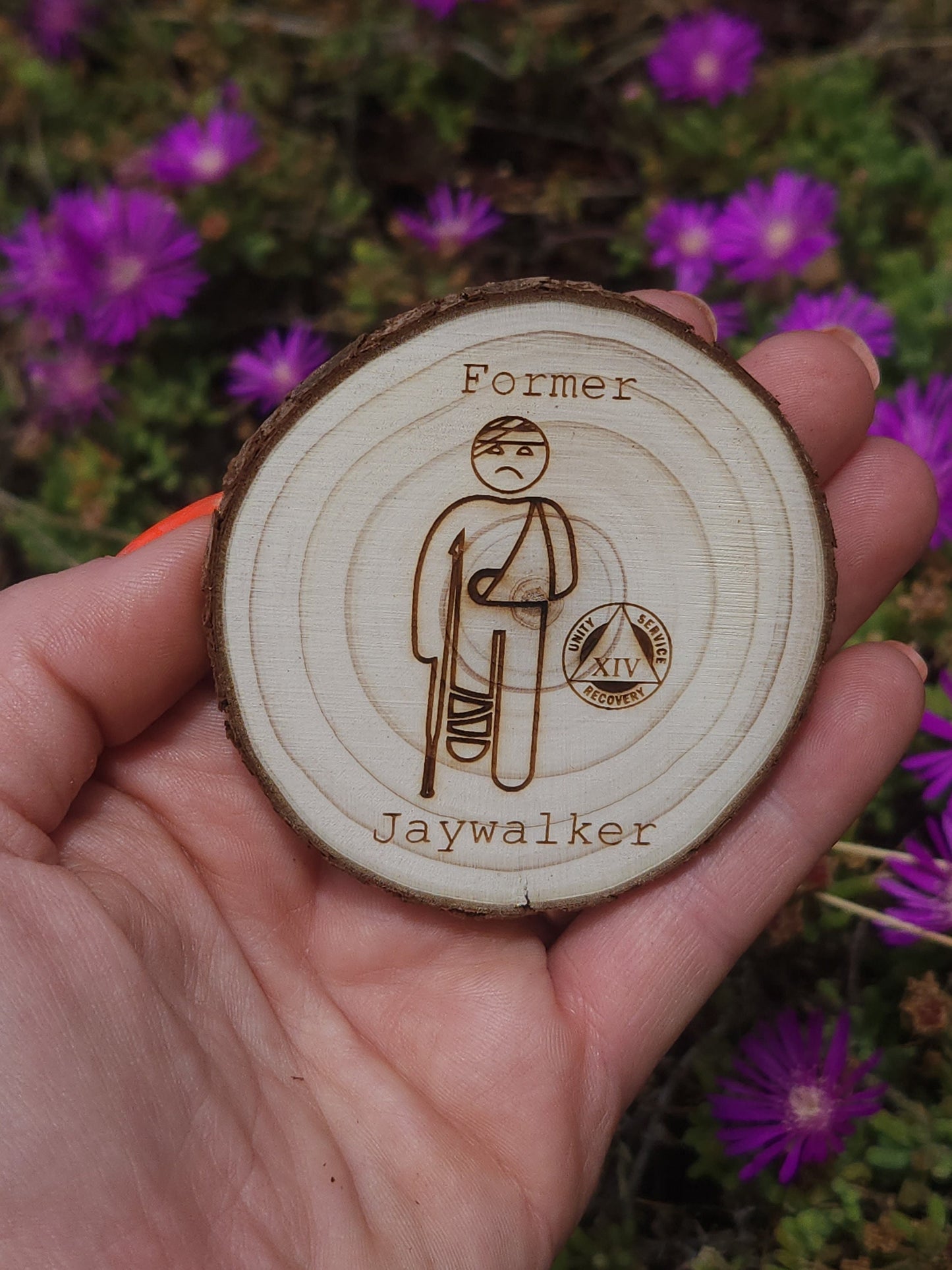 Former Jaywalker Funny personalized AA sobriety medallion front view