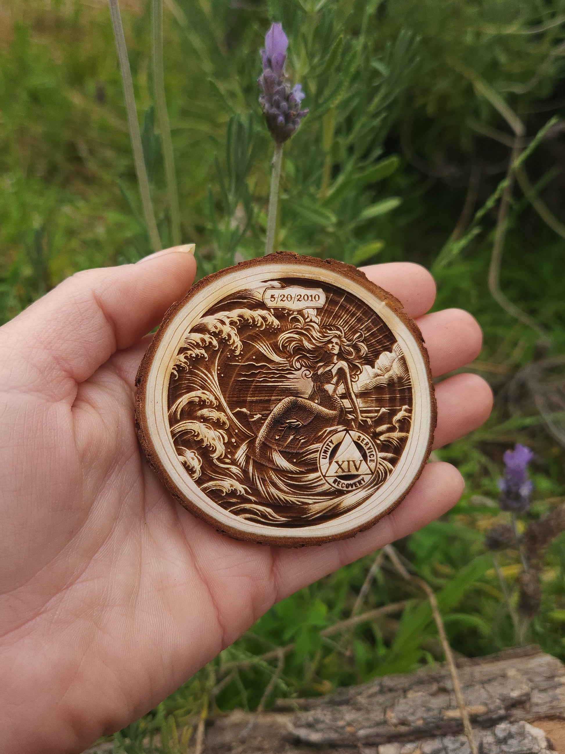 Mermaid of Strength wood medallion natural grain detail