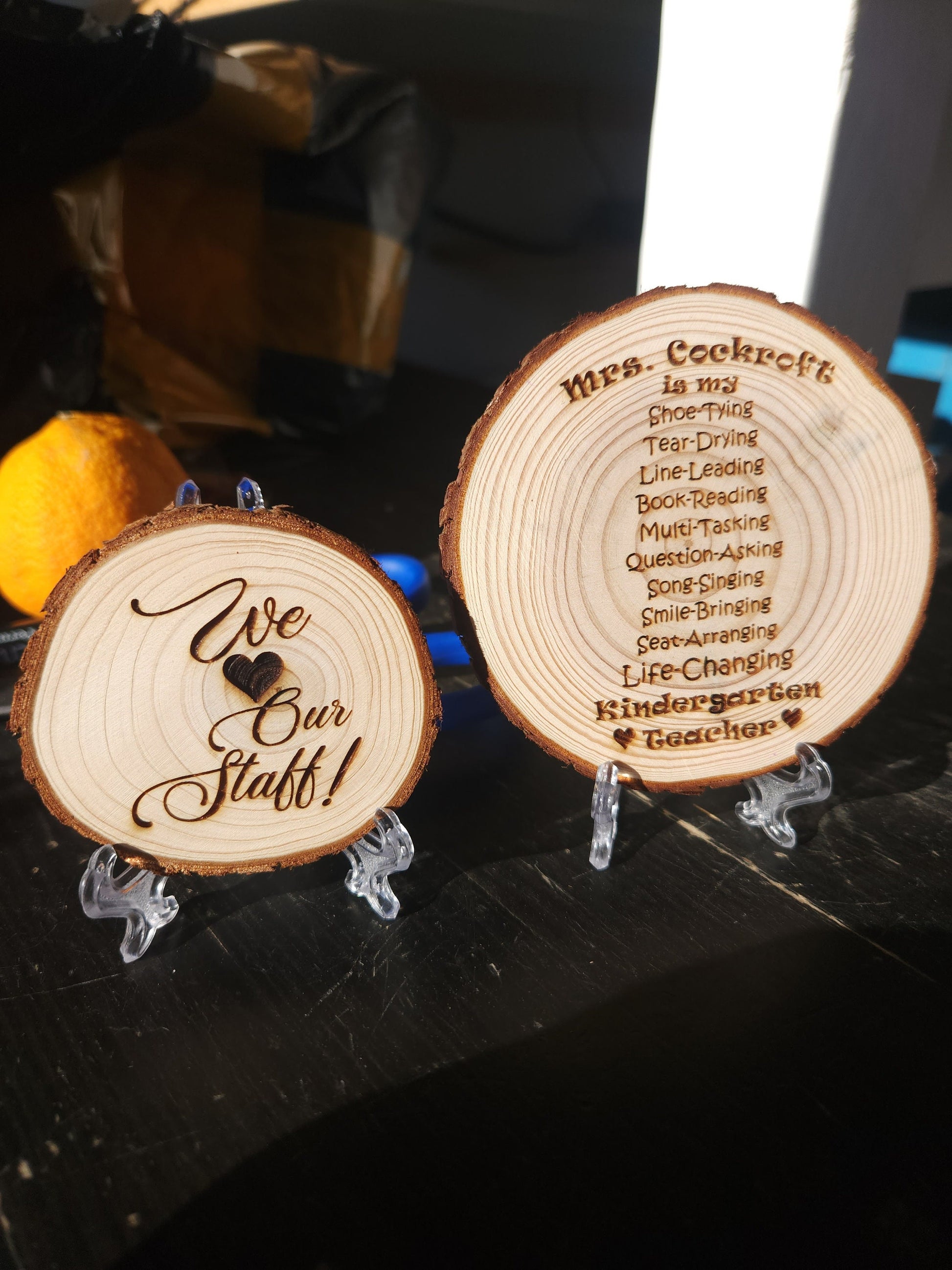 Personalized Teacher Gift for Any Grade Custom Made for Her Him Display w/FREE Stand - Natural Wood Grain Detail View