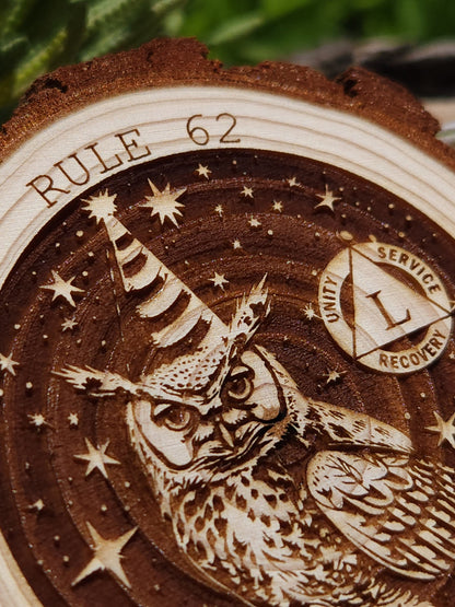 Rule 62 Party Owl personalized AA sobriety medallion front view