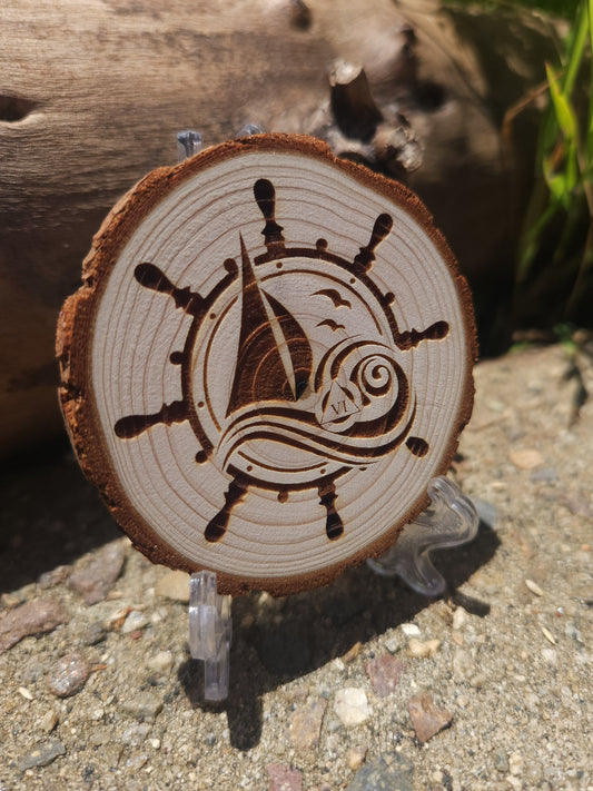 Sailboat of Serenity Ship's Wheel *Personalized* & Discreet Clean Engraved Tag - Engraved Wood Slice Front Design