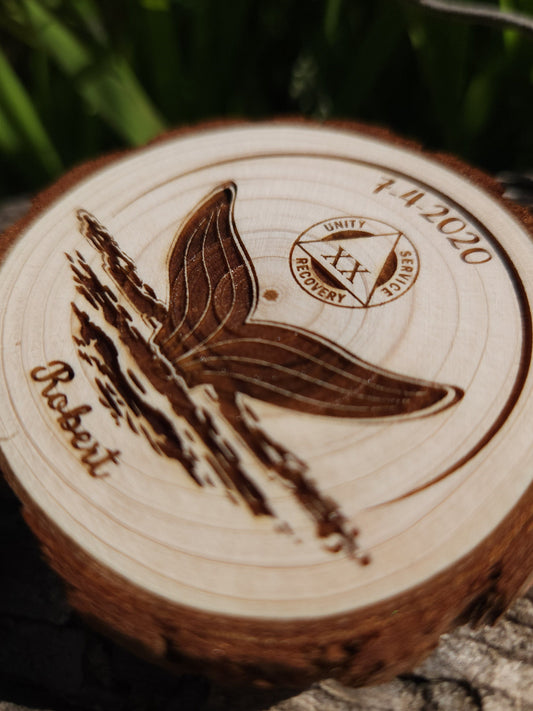 Whale Tail personalized AA sobriety medallion front view