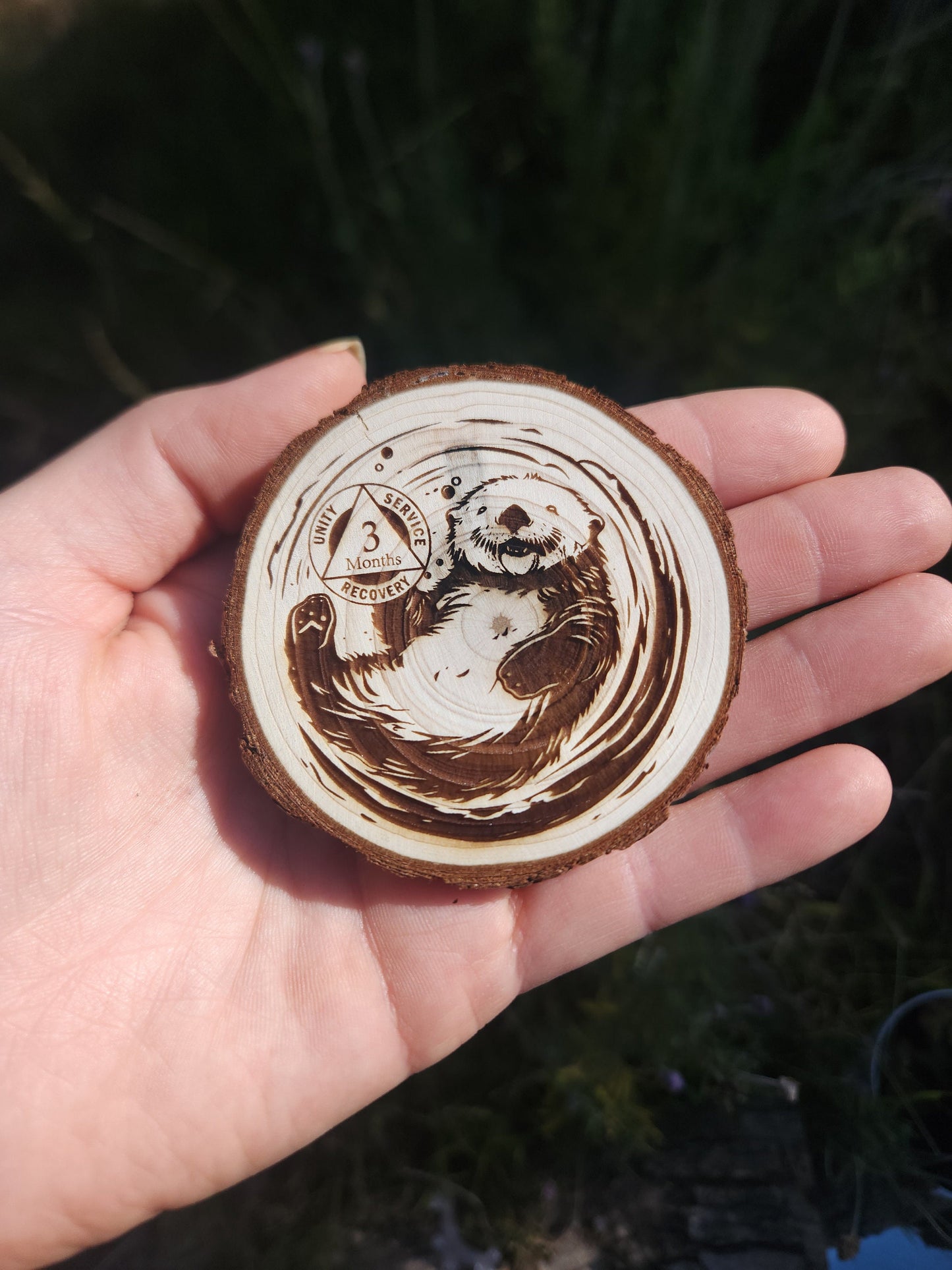 The Happy Otter personalized AA sobriety medallion front view